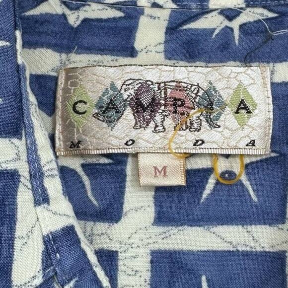 Vintage Campia Moda Men Button Up Camp Shirt Size M Blue White Relaxed Sun Print - Picture 3 of 3